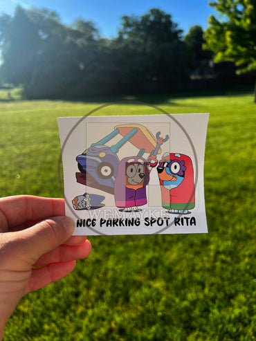 (B14) Nice parking spot, Rita! - Dog Family Decal / Sticker