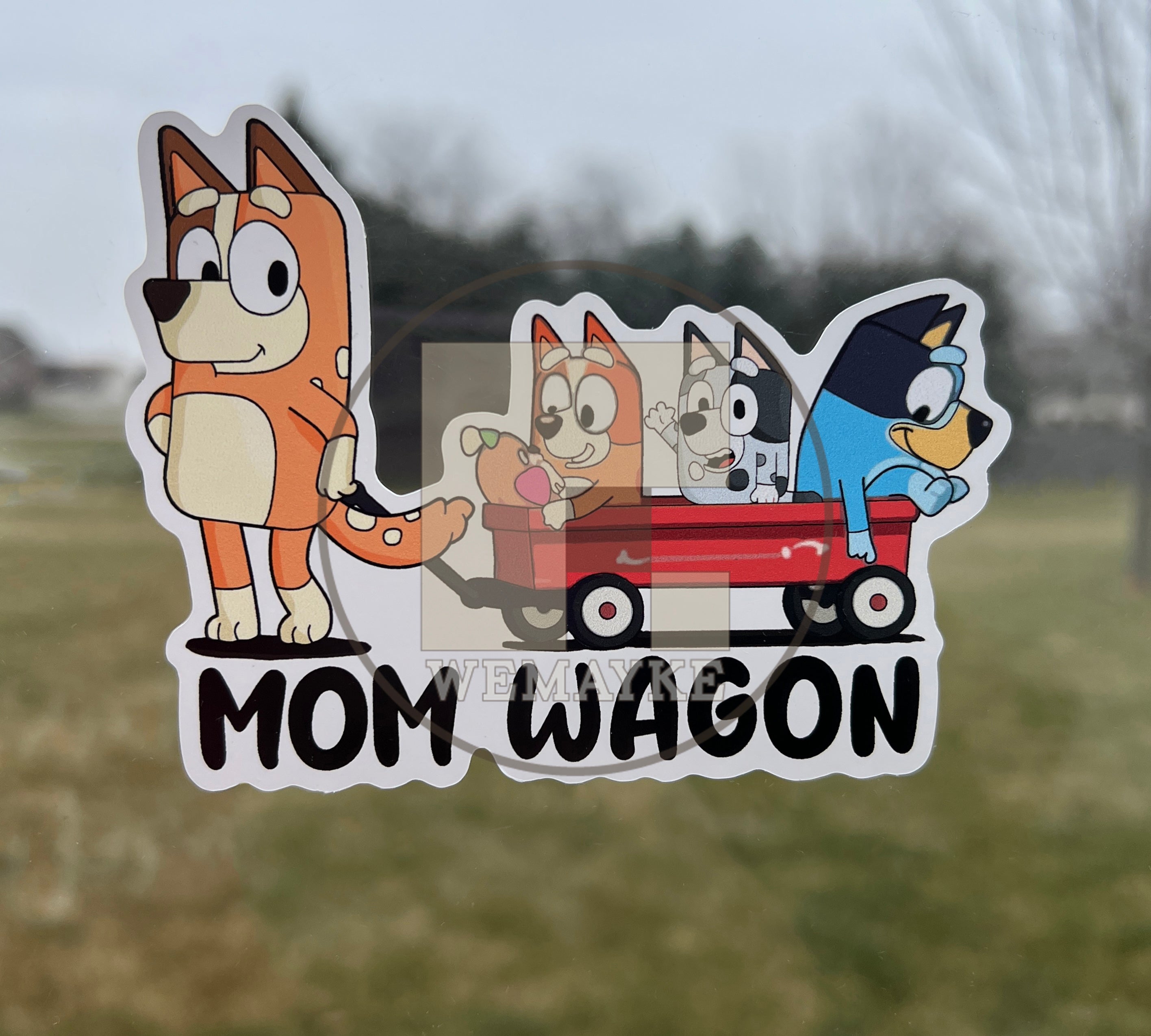 (B65) Mom Wagon With 3 Kids - Dog Family Decal / Sticker