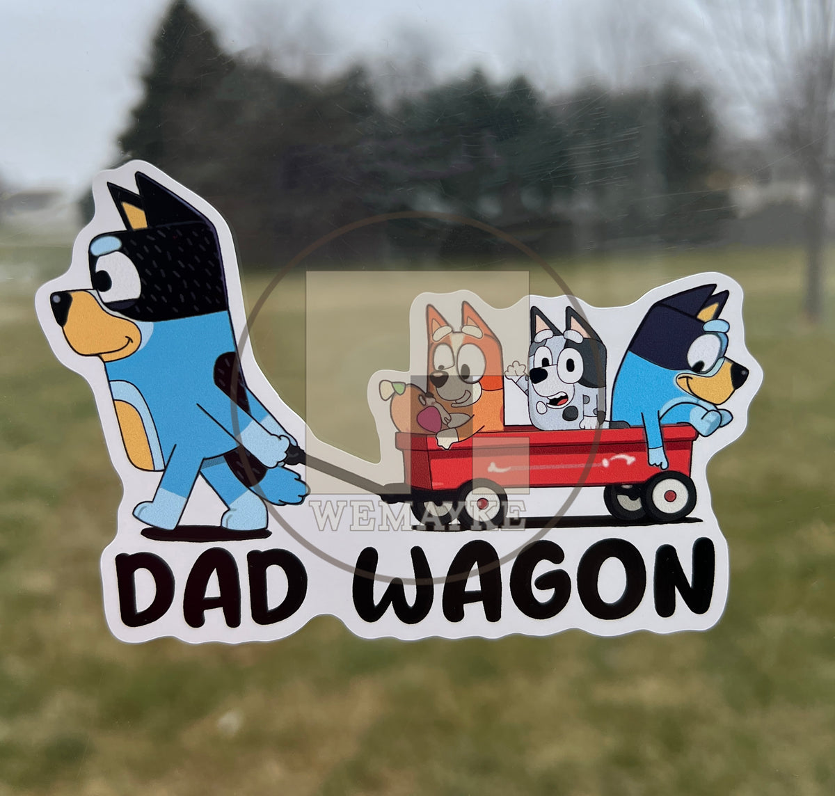 (B68) Dad Wagon With 3 Kids - Dog Family Decal / Sticker