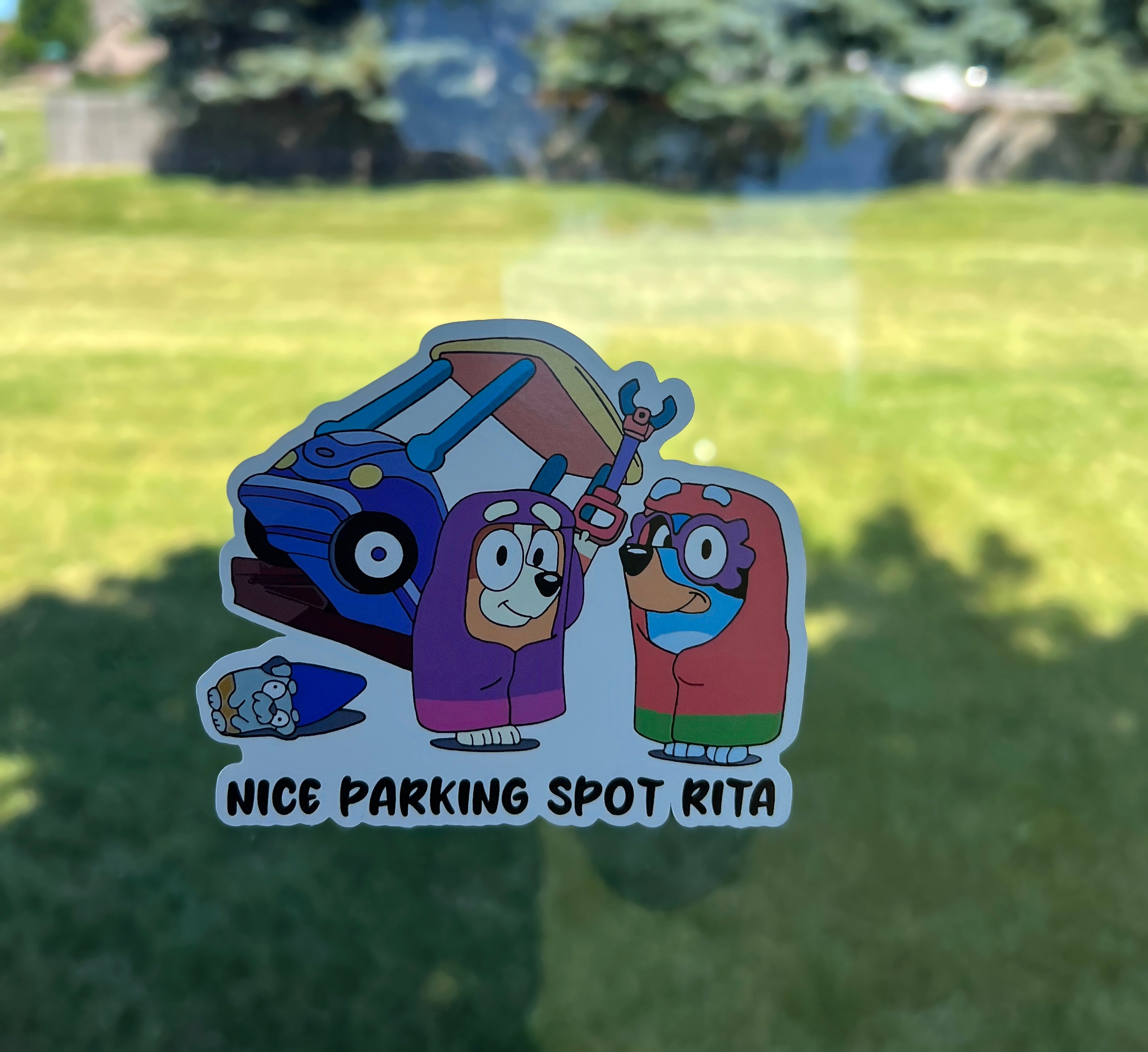 (B14) Nice parking spot, Rita! - Dog Family Decal / Sticker