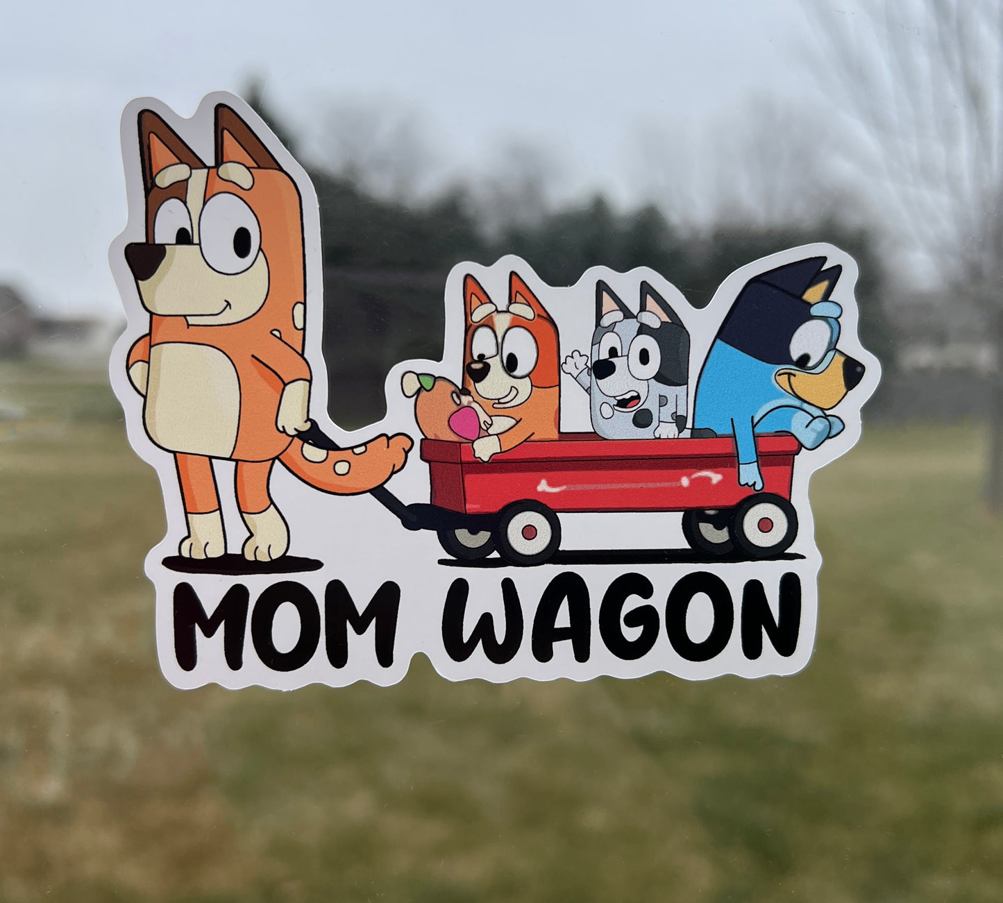 (B65) Mom Wagon With 3 Kids - Dog Family Decal / Sticker