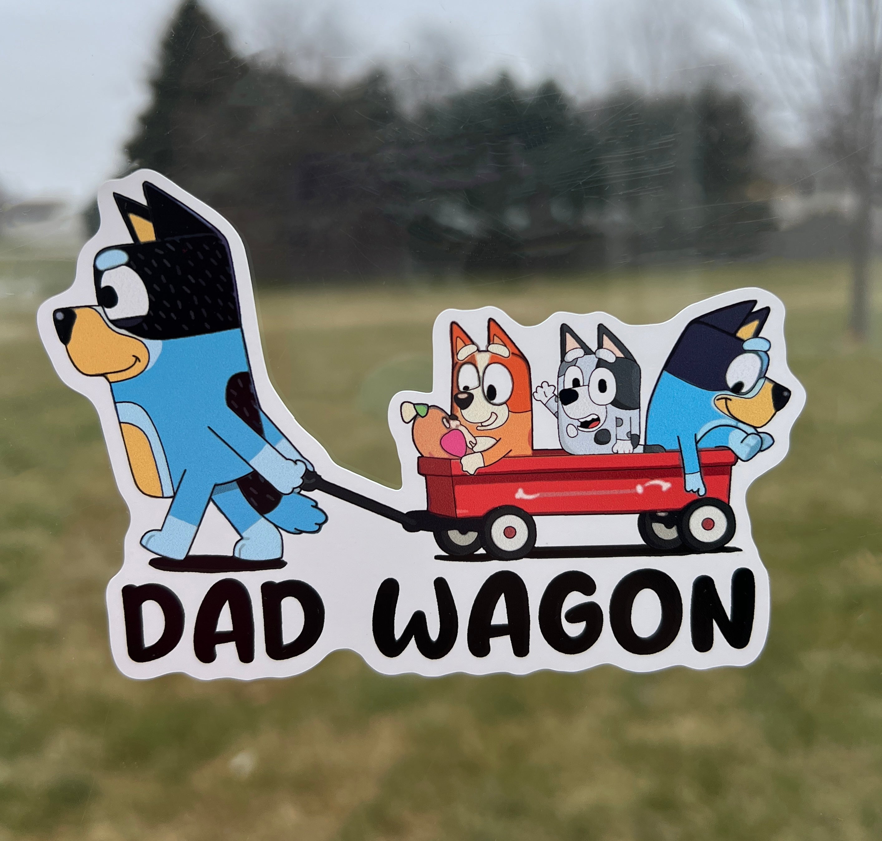 (B68) Dad Wagon With 3 Kids - Dog Family Decal / Sticker